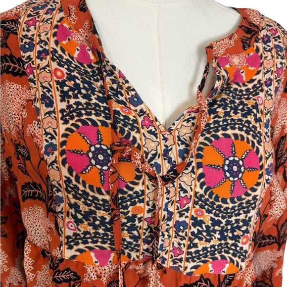 John Mark Orange Artsy Boho Floral Mixed Print Blouse Size Medium Oversized - Picture 2 of 10